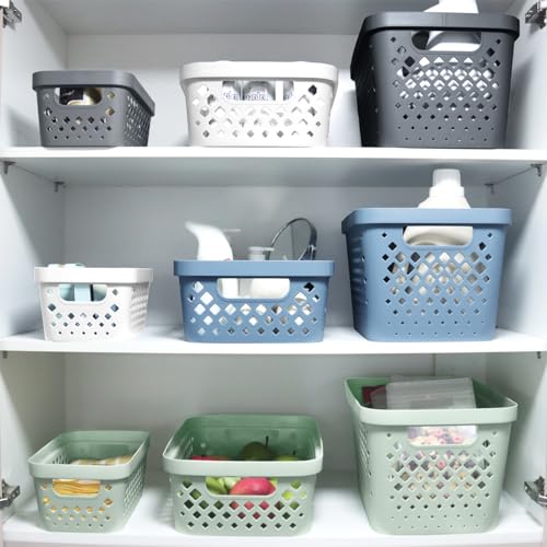 Plastic Baskets for Organizing, Set of 6 | Pantry Storage for Under Counter, Linen Closet, and Bathroom | Nesting Shelf Bins with Handles, 1 Gallon, Grey - view 3