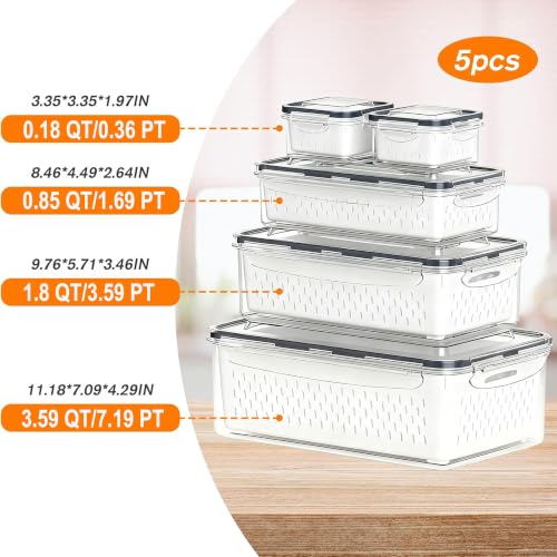 5 Pack Fruit Storage Containers for Fridge, Stackable Leakproof Food Keeper with Removable Colander, BPA-Free Produce Saver for Vegetables, Berries & Meat - view 3