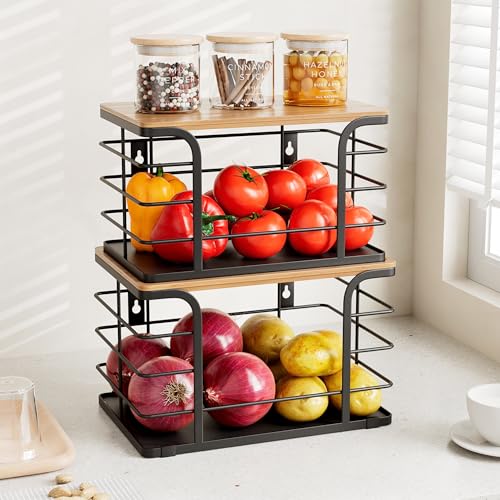 2 Pack Potato and Onion Storage Bin,Stackable Pantry Organizers and Storage with PP Liner and Bamboo Top,Kitchen Storage Organization Counter Basket for Fruits,Produce,Vegetable, Black - view 2