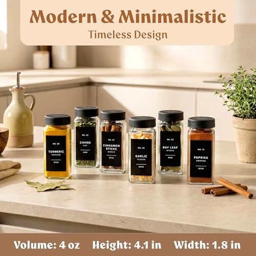 Glass Spice Jars with Labels, 24x Matte Black Lids - 4oz Set - view 2
