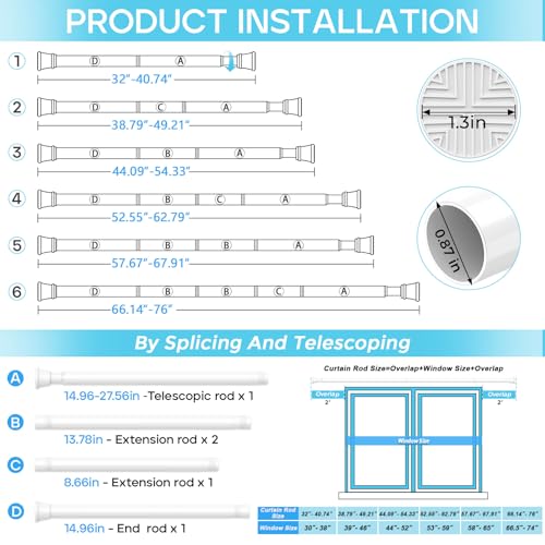 Spring Tension Curtain Rod 32-76 inch, White - view 3