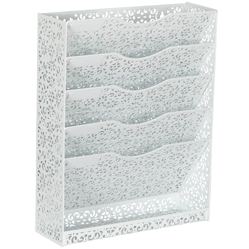 Desk File Organizer Heavy Duty Metal Wall Mount File Holder 5 Tier Mail Paper Folder Holder with Bottom Tray for Office Home Cubicle Countertop, White - view 2
