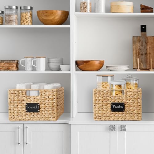 Set of 2 Water Hyacinth Pantry Baskets, 12-1/2" x 17" x 8", with Chalkboard Labels and Chalk Marker - Natural, Woven Storage Bin Organizers for Kitchen Shelves - view 2