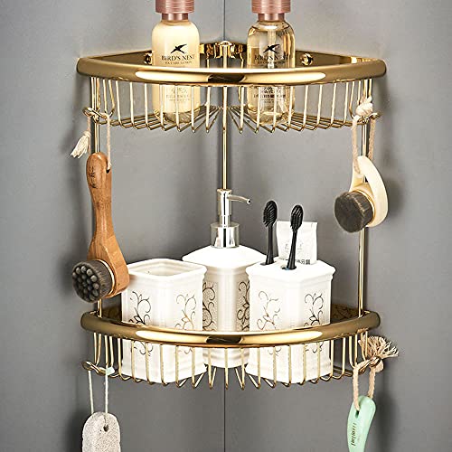 Rust-Free 2-Tier Brass Shower Caddy - Wall-Mounted Corner Shelves with Hooks for Shampoo & Bath Accessories, Space-Saving Bathroom Storage Solution - view 2