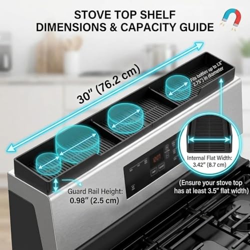Stove Top Shelf 30 Inch - Silicone Material Magnetic Shelf for Stove - 3 Functional Partitions Kitchen Spice Rack Organizer-Black,Kitchen Gadgets Storage Organization - view 2