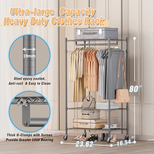 Narrow Rolling Garment Rack with Double Rods and 3 Adjustable Shelves, Compact Portable Closet Organizer for Bedroom, Dorm, Laundry Room, 23.62" W x 16.54" D x 80.71" H, Gray - view 3