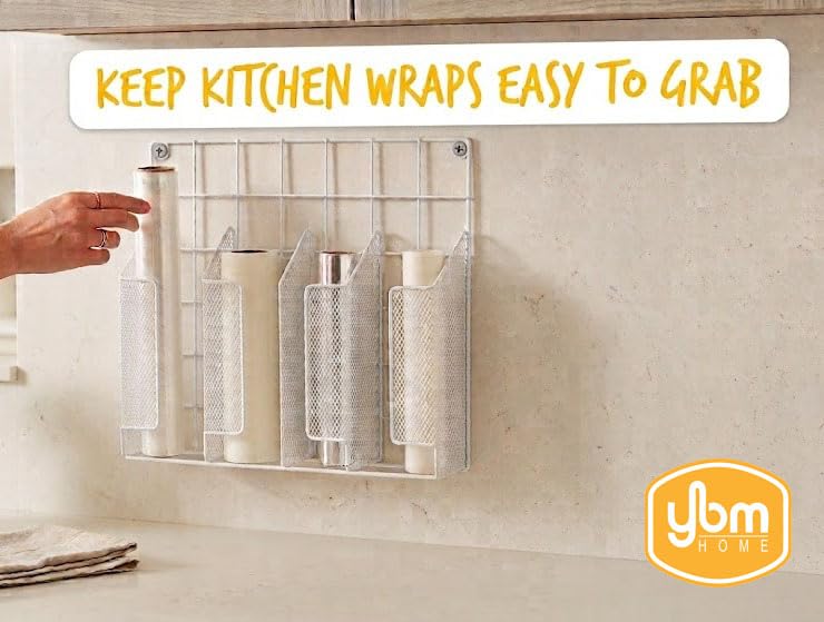 4-Compartment Wall Mount Kitchen Storage Organizer Holder Basket Pantry Caddy Wrap Rack for Aluminum Foil, Sandwich Bags - White 2232 - view 5