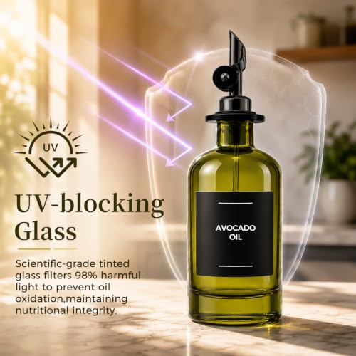 Glass Olive Oil Dispenser Set of 4, 350ml/11.8oz UV-Protected Green Bottles Self-Closing Pourer, Includes 50 Labels, Funnel & Aligner, Oil & Vinegar Dispenser for Kitchen Cooking - view 2
