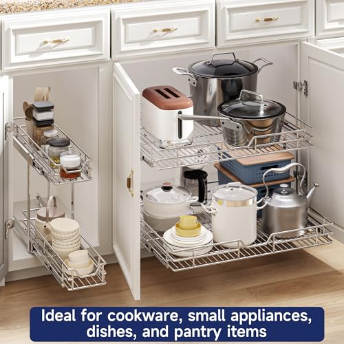 2-Tier Pull Out Cabinet Organizer, 16.5" W x 21.5" D, Heavy Duty Dual Slide Out Shelves for Base Cabinets, Chrome Wire Basket Drawer for Pantry, Kitchen & Bathroom Storage - view 6