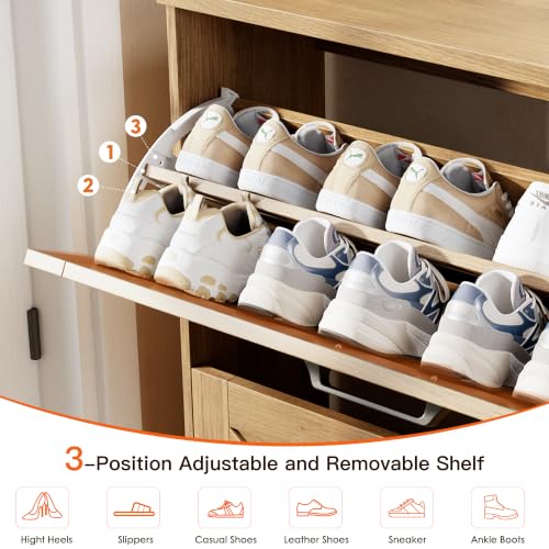 3-Drawer Flip Shoe Storage Tower – Slim-Profile Freestanding Rack with Adjustable 3-Tier Shelving, Rustic Shaker Barn Door Style, and Warm Caramel Finish – Compact Boot & Shoe Organizer - view 4