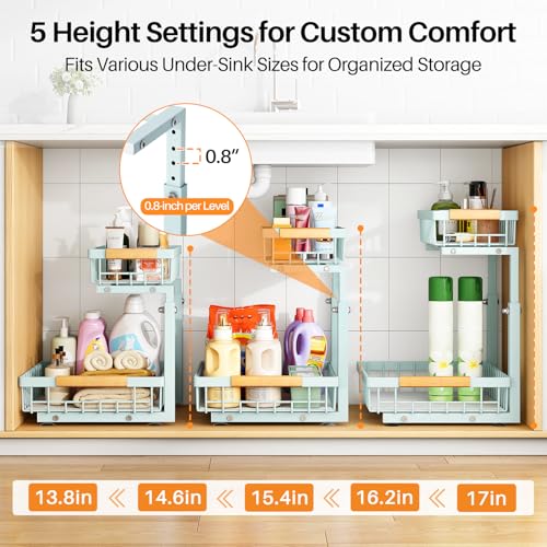Under Sink Organizer, Adjustable Height, 2 Tier Pull Out Under Cabinet Organizer, Slide Out Thickened Metal Under Sink Storage for Kitchen Bathroom Laundry Pantry Cabinet, Blue, Large-1-Pack - view 5