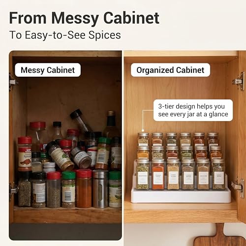 3 Tier Spice Rack Organizer for Cabinet, 3 Pack Non-Slip Spice Rack Shelf Organizer, Holds 24+ Jars, Plastic Spice Organizer for Cabinet, Pantry & Kitchen Countertop, White - view 2