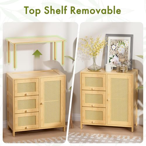 Sideboard Buffet Cabinet with Storage, Bamboo Storage Cabinets, Rattan Sideboard with Adjustable Shelf, Pantry Cupboard for Kitchen Living Room Entry Coffee Bar, Natural Color - view 6