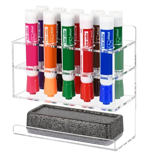 Dry Erase Marker Holder, Wall Mounted Acrylic Marker Holder with 10 Slots, Sticky Pen Storage for Classroom Organization, Office, Whiteboard, Desk Locker Organizer Accessories, Clear