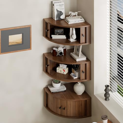 Corner Shelves Wall Cabinet Set of 3, Floating Corner Shelf Organizer with Sliding Doors, Fluted Wall Cabinet for Living Room, Bedroom, Office, Small Space, Walnut (Curved, 15.74“) - view 6