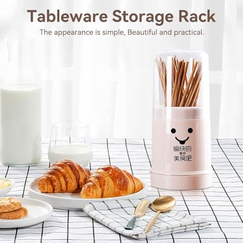 Chopsticks Holder, Cute Chopstick Holder Storage Cutlery Holder with Cover Drain Rack Reusable Plastic Utensil Holder with Removable Base for Kitchen(Beige) - view 4