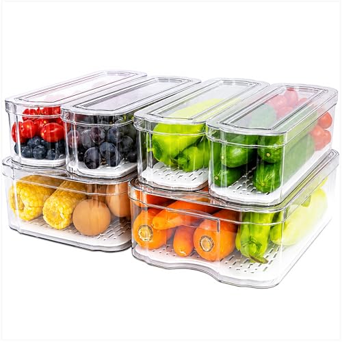 6 Pack Clear Fridge Organizer Bins with Drain Trays - Stackable