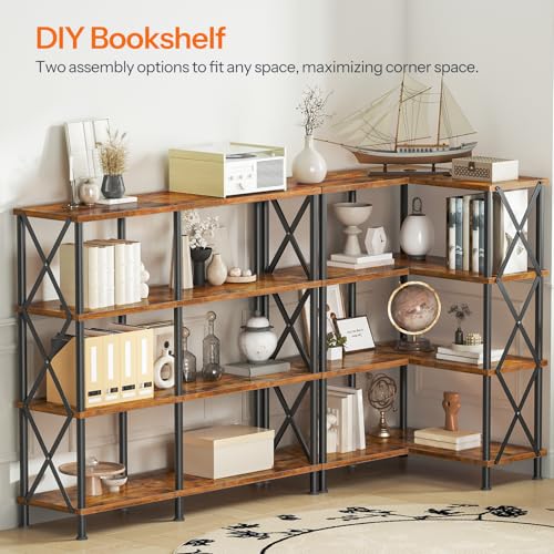 Corner Bookshelf, 4-Tier L-Shaped Bookcase, Industrial Open Display Shelf Tall Storage Organizer, Vertical Storage Rack, for Living Room, Home Office, Rustic Brown and Black BF59SJ01 - view 4