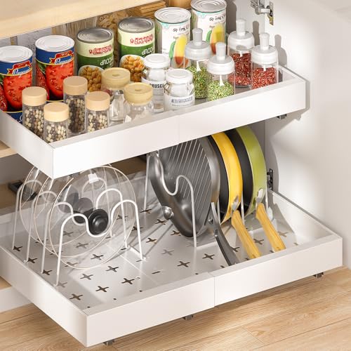 16" Deep Pull Out Cabinet Organizer with 6 Dividers, Expandable (11.7 "-20" W) Pull Out Drawers for Cabinets, Cabinet Trays Pull Out for Cabinets in Kitchen, Pantry or Bathroom, White, 2 Pack