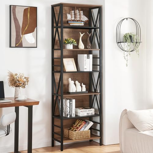 Tall Bookshelf, 7-Tier Book Shelf, Rustic Wood Metal Bookshelves and Bookcases, Freestanding and Industrial Open Bookcase for Home Office, Living Room and Bedroom, Vintage Brown - view 4