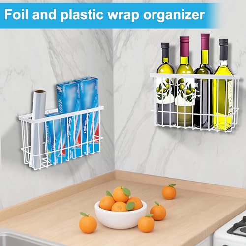 Cabinet Door Organizer 2Pcs, Foil and Plastic Wrap Organizer with 2 Sponges, Cabinet Door Storage with 2 Caddy Adhesive, for Aluminum Foil, Plastic Wrap, Wool Dryer Balls, White,(Medium, Large) - view 2