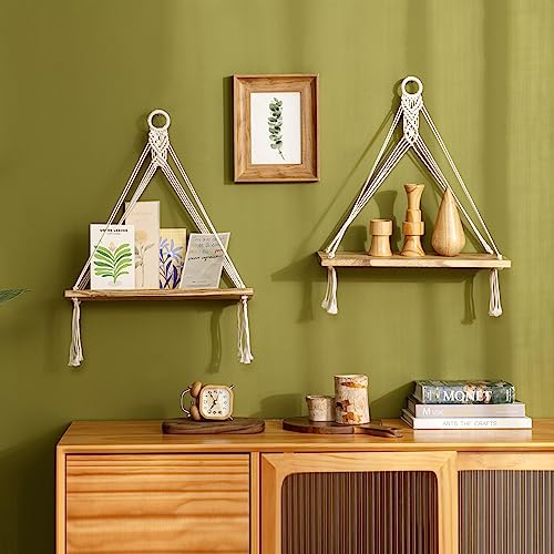 Macrame Hanging Shelves Boho Wall Decor Set of 2 Floating Wood Shelf - view 4