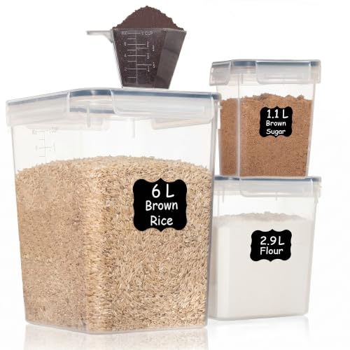 Flour Sugar Storage Containers Set of 3 (6L, 2.9L, 1.1L) Large Airtight Food Storage Containers with Lids, BPA-Free Plastic Container for Kitchen & Pantry Organizers, Cereal, Rice & Pasta