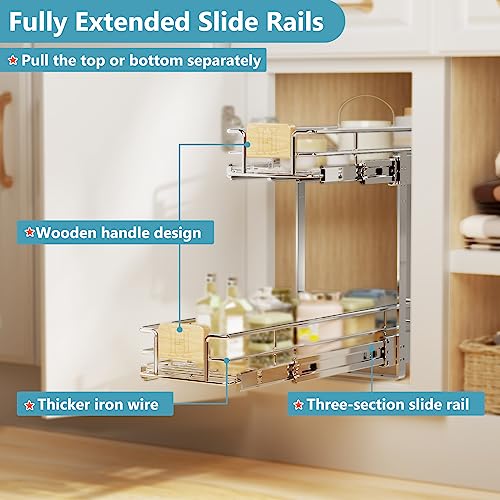 2 Tier Pull Out Cabinet Organizer 7½" W x 21½" D, Slide Out Drawers with Wooden Handle, Sliding Shelves Organization and Storage for Kitchen, Pantry - view 4