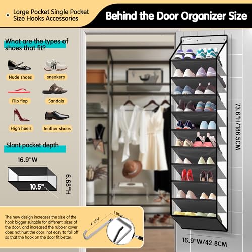 10 Tier Hanging Shoe Rack - Heavy Duty Behind The Door Hanging Shoe Rack, Sturdy Oxford Cloth, 20+ Pairs Over The Door Shoe Cabinet for Boots and Sneakers - Save 50% Closet Space! (Piano White) - view 2
