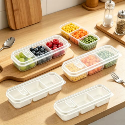 4 Pack 3-Compartment Fridge Organizer Bins Bacon organizer Box Fruit Storage Containers with Lids, Airtight Containers for Bacon,Veggies & Fruit,Stackable Refrigerator & Freezer Organizer,Microwave - view 3