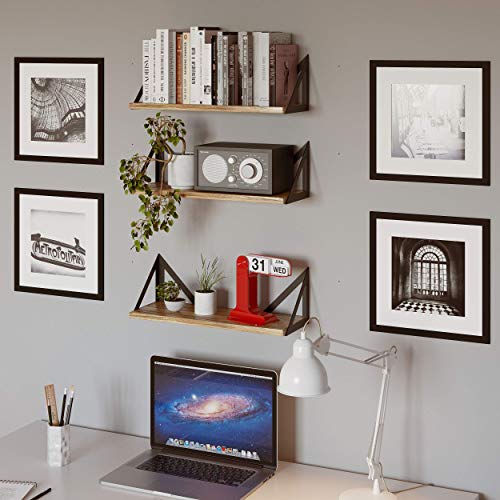 Minori Floating Shelves Set of 3, Small Bookshelf Unit for Living Room, Office, and Bedroom, Natural Burned Rustic Wood Wall Decor with Metal Floating Shelf Bracket 6D x 17W x 5.5H in - view 6