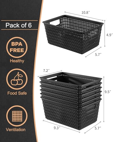 Set of 6 Baskets For Organizing, Plastic Storage Bins and Small Basket for Organization and Storage Shelves Drawers Desktop Closet Playroom Classroom Office, Black - view 3