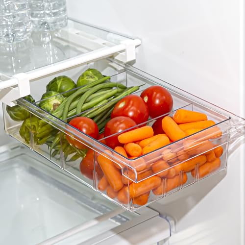 Pull-out Fridge Organizer | THE HANGER COLLECTION | Fridge Drawer Organizer with 2 Dividers | Clear Pantry Drawer Organizers | Shelf Holder Storage Drawers for Fruits, Veggies & Drinks