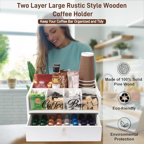 2-Tier Coffee Bar Organizer with Clear Acrylic Top, Built-in Drawer and Leather Handle Pull for Countertop, Stylish Coffee Station Storage Box for Accessories, Pods, Great Gifts for Home - view 2