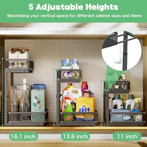 Under Sink Organizer 2 Pack, High Adjustable 2 Tier Under Sink Organizers and Storage, Slide out Metal Cabinet Organizers, Pull out Storage Drawer Shelf for Kitchen Bathroom Cabinet (Black) - view 5