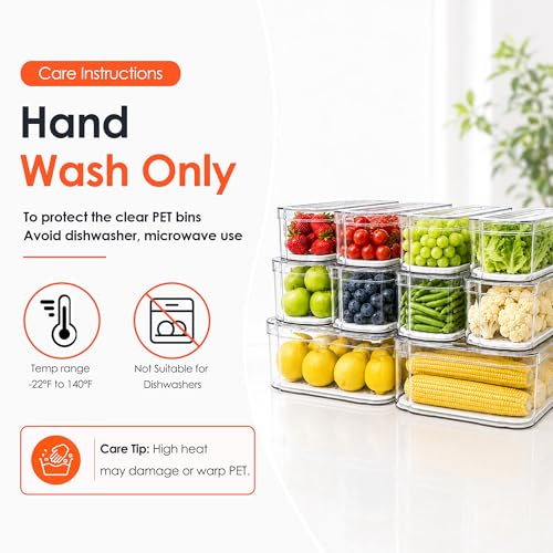 10 Pack Clear Fridge Organizer Bins with Drain Trays - Stackable - view 2