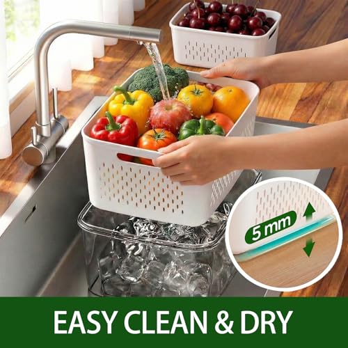 4 Pack Fruit Storage Containers for Fridge with Removable Colanders，4 in 1 Produce Storage Containers with Lids, Leakproof Fridge Organizer Bins for Salad Berry Lettuce Vegetables Meat Keeper Fresh - view 2