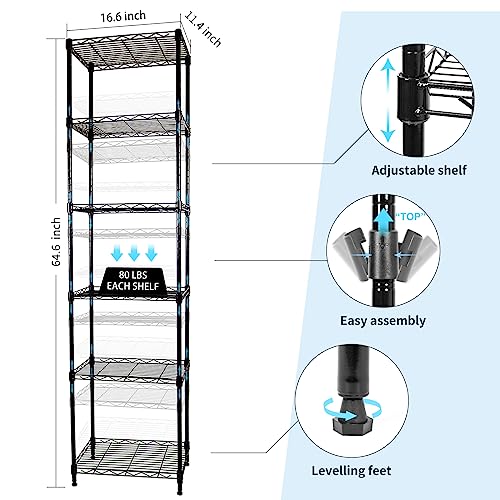 6-Tier Wire Shelving Adjustable Shelves Unit Metal Storage Rack for Laundry Bathroom Kitchen Pantry Closet Organization (Black, 16.6" L x 11.4" W x 64.6" H) - view 3
