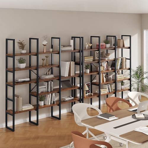 Large Bookshelf 5 Tiers, Triple Wide Geometric Bookcase, 71 Inches Tall Industrial Book Shelves Etagere Book Case, Sturdy Metal Frame, Freestanding Display Shelving Unit, Rustic Brown - view 6