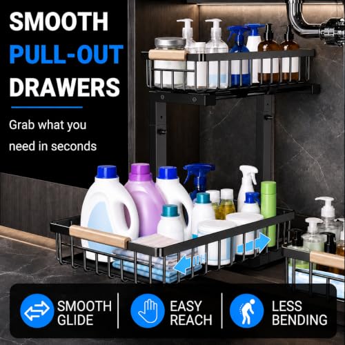Under Sink Organizer 2 Pack, Double Slide Out Metal Shelf, Black - view 6