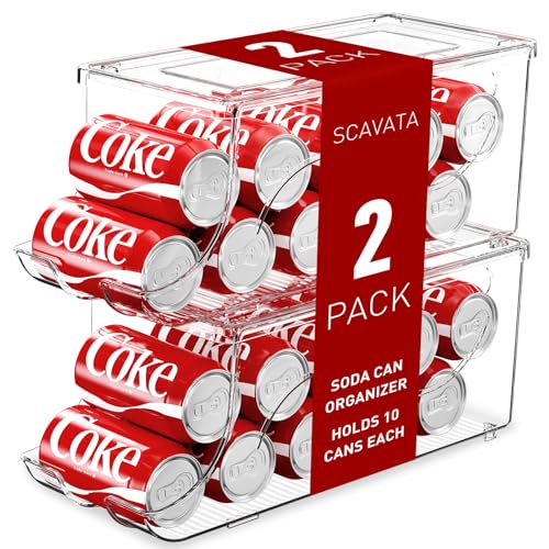2 Pack Stackable Refrigerator Organizer, Soda Can Dispenser Pop Cans Container Beverage Holder with Lid for Fridge, Freezer, Kitchen, Clear Plastic Storage Bins-Holds 10 Cans Each
