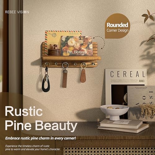 Key Holder Wall Mount with 6 Hooks for Entryway, Light Brown - view 4