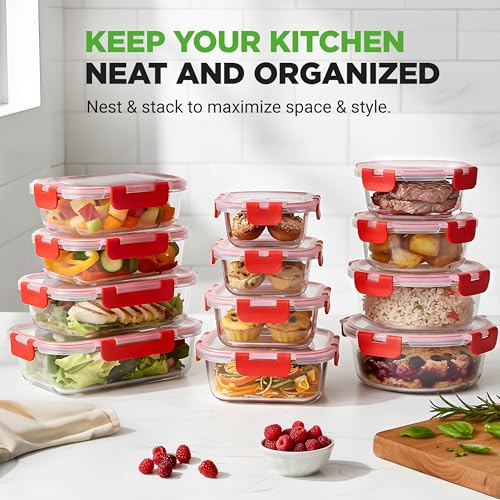24-Piece Glass Food Storage Containers with Lids - 12 Stackable Heavy Duty Meal Prep Containers w/ 12 Airtight Lids - Microwave, Freezer, & Dishwasher Safe for Food, Snacks, & Fruit-(Red) - view 5