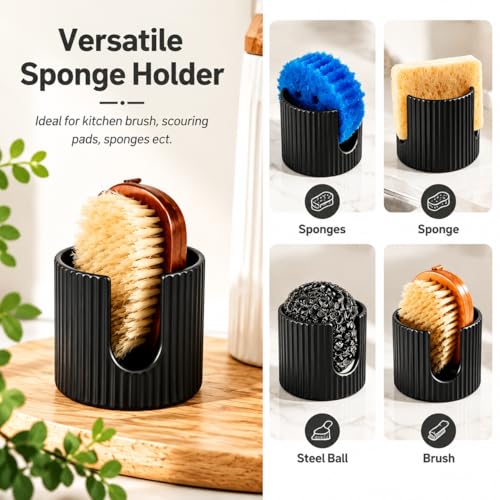Ceramic Sponge Holder for Kitchen Sink, Quick Dry Sink Caddy Organizer with Non-Slip Base, Farmhouse Sponge and Brush Holder for Countertop, Bathroom or Kitchen, Black - view 6