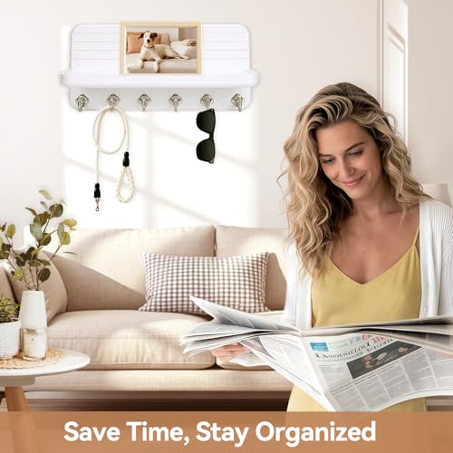 Key Holder for Wall, Mail Organizer Wall Mount with 6 Hooks Wooden Hanging Key Rack for Home Decor, Hallway, Entryway (White) - view 2