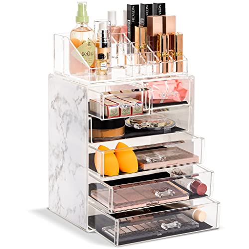 Makeup Organizer, 6-Drawer Acrylic 2-Piece Set (Marble Print)