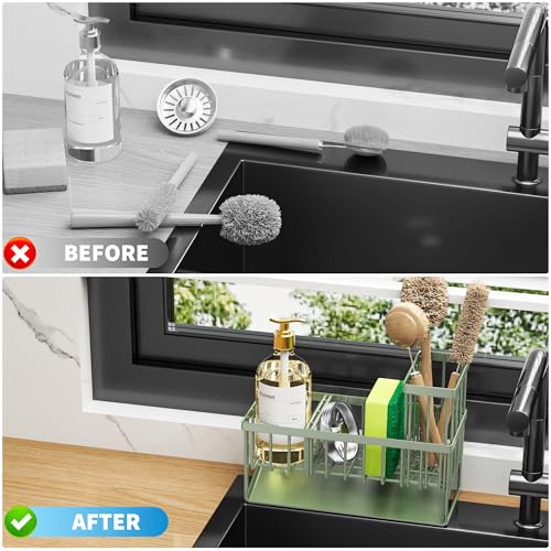 Kitchen Sink Caddy, Sponge Holder for Kitchen Sink, Kitchen Sink Organzier and Storage with High Brush Holder, 304 Stainless Gadgets Sink Accessories, Organizadores de Cocina Sage Green - view 6