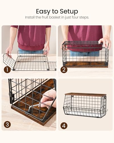 2-Tier Fruit Basket for Kitchen, Stackable Hanging Basket Wire Baskets with Wooden Lid, Wall-Mounted Kitchen Counter Organizer for Fruit, Vegetable Storage, Rustic Brown and Black TCW02P2BF - view 6