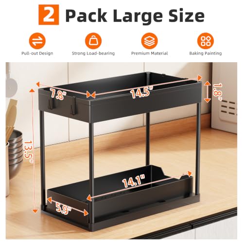Under Sink Organizer 2 Pack, Sink Pull-Out Sliding Storage Cabinet, 2-Tier Under Shelf Organizer for Kitchen Bathroom, Black - view 2