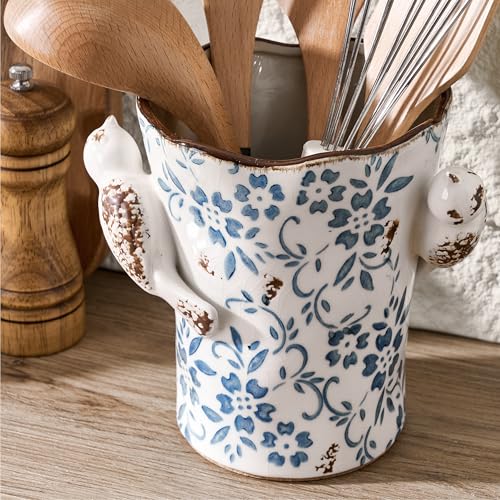 6.34"H Utensil Holder for Kitchen Counter, Modern Farmhouse Cooking Utensil Holder and Crock Home Kitchen Decor, Ceramic Utensil Organizer for Spatula, Ladle, Eggbeater, Rolling Pin- Blue and White - view 3